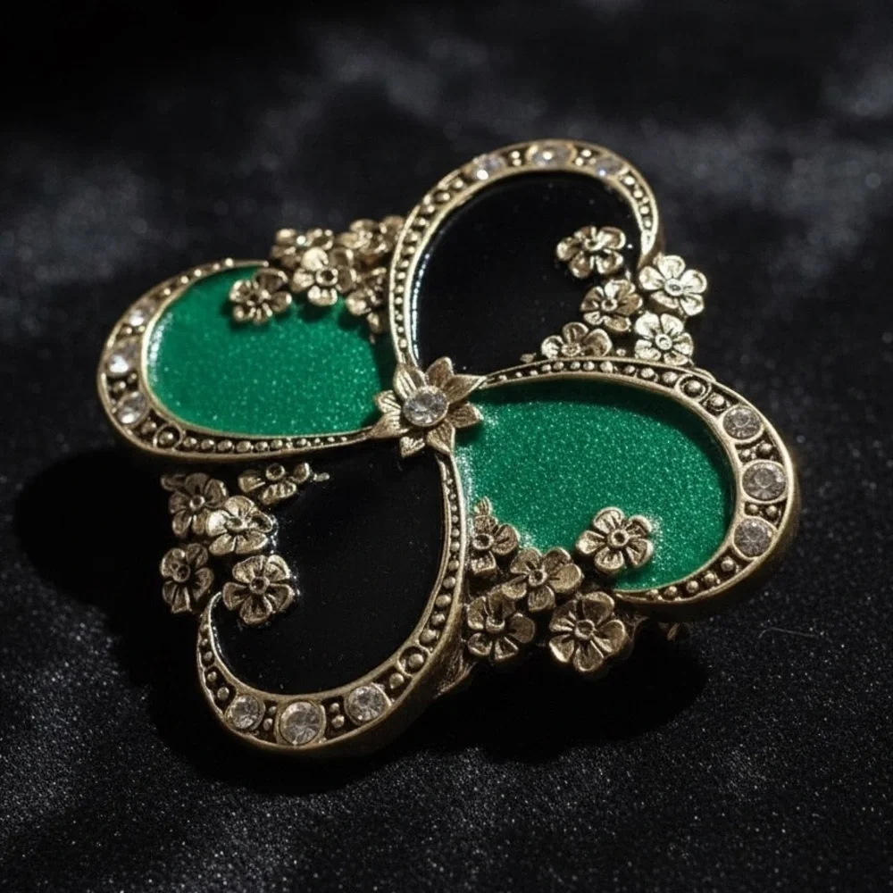 Catherine Popesco Square Black Green Enamel Crystal Pin Brooch VINTAGE FRANCE
